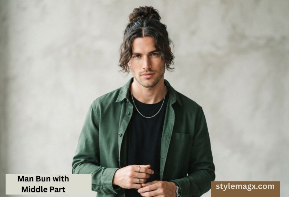30 Best Middle Part Hairstyles For Men In 2026 27 Man Bun with Middle Part